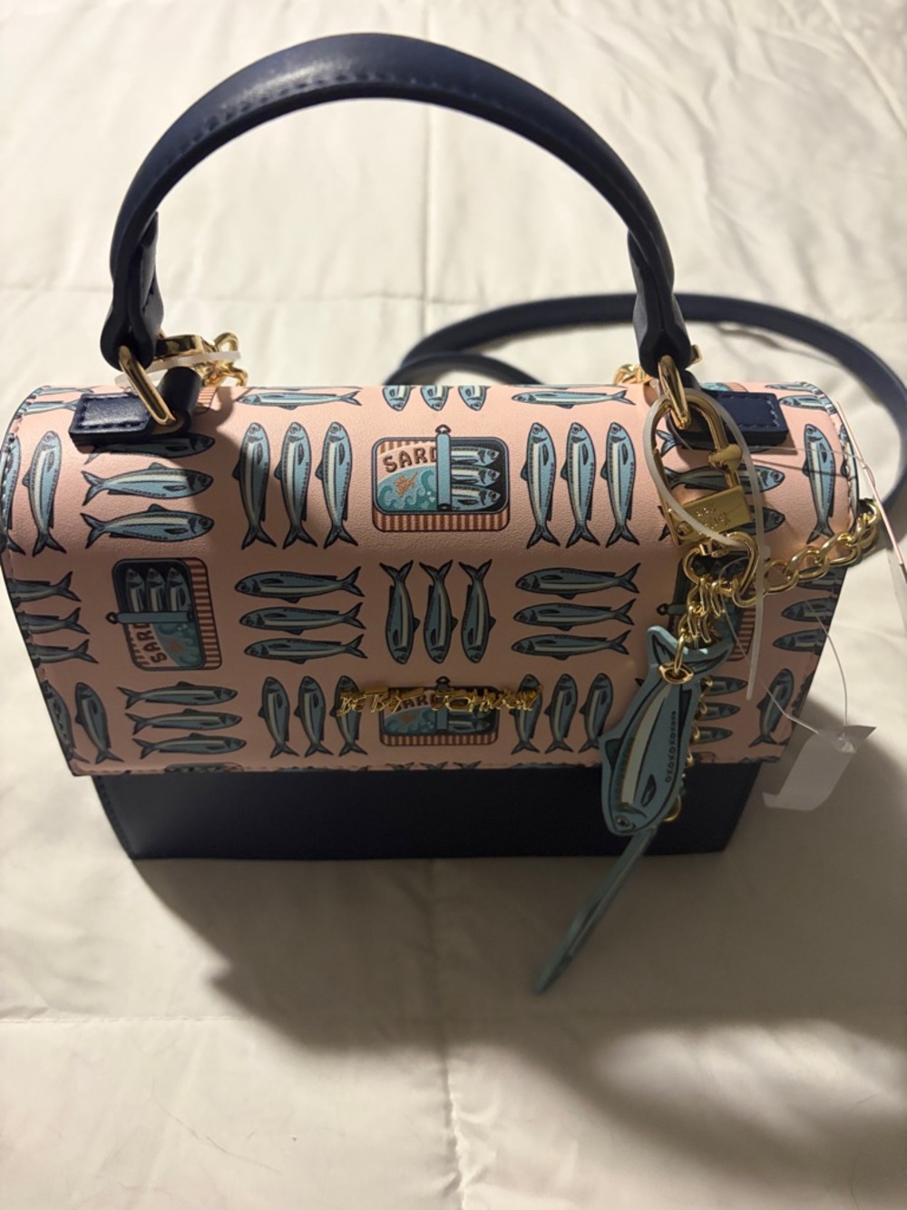 Navy & Blush sardine purse.  Betsy johnson